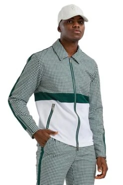 "Houndstooth Men's Casual Walking Suit Jacket & Pant Set In Hunter Green"
