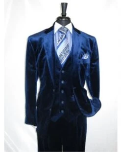 Men's Dark Navy Velour Men's Blazer Jacket 2 Button Velvet Fabric 3 Piece VestedSide Vent Suit
