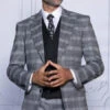 Gray Plaid Suit - Glen Plaid With Black Vest - 100% Wool Super 150'S Wool Suit - Grey Checkered Suit