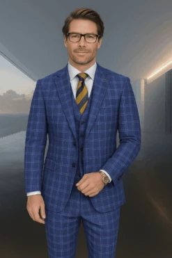 Wool Suit - Italian Made Business Suit By Statement Men's 3 Piece 100% Wool Modern Fit Suit - Classic Plaid Pattern