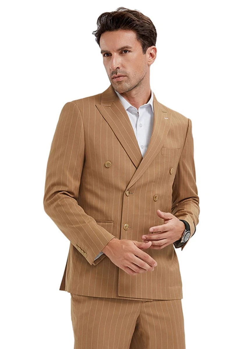 "Men's Slim Fit Pinstripe Suit - Double Breasted Bold Gangster, Camel" 1 "Men's Slim Fit Pinstripe Suit - Double Breasted Bold Gangster, Camel"