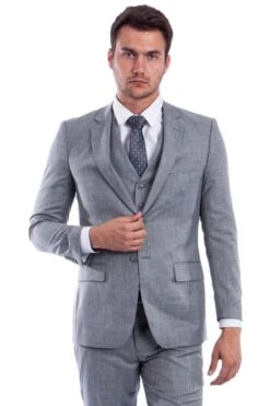 "Sharkskin Wedding & Business Suit - Men's Two Button Hybrid Fit Vested In Stone Grey"