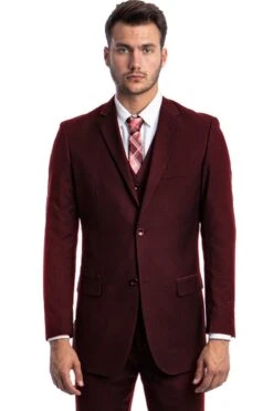 "Burgundy Men's Two Button Wedding & Business Suit With Vest"