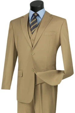 Mens Classic Fit Flat Front Vested Suit In Khaki