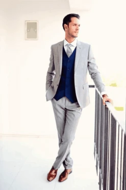 Light Grey Suit Navy Jacket Pants And Vest + White Shirt