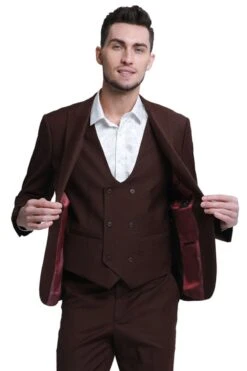 "Men's Slim Fit Wedding Suit - Double Breasted Brown Vest With Peak Lapel"