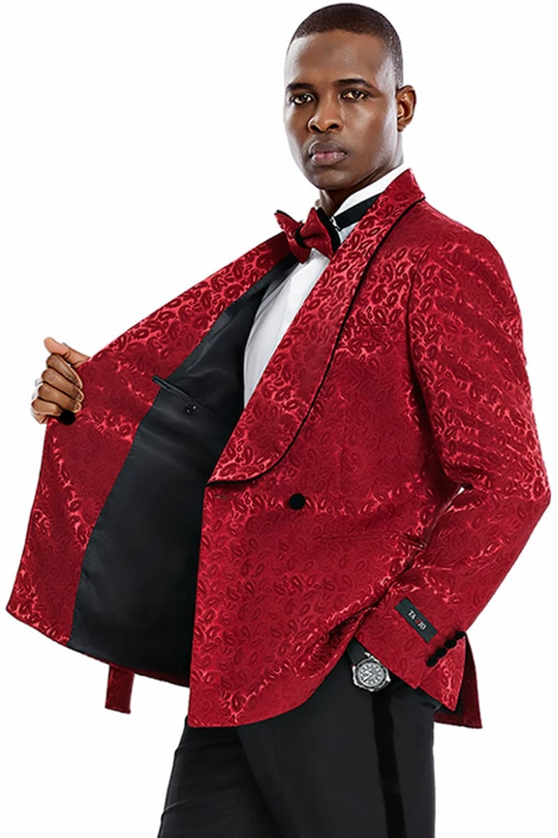 "Burgundy Paisley Men's Slim Fit Double Breasted Tuxedo - Smoking Jacket For Prom 2025 & Wedding" 1 "Burgundy Paisley Men's Slim Fit Double Breasted Tuxedo - Smoking Jacket For Prom 2025 & Wedding"