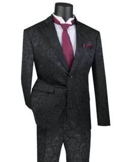 Mens 2 Button Slim Fit Paisley Prom Suit In Black