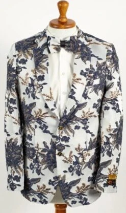 Mens White -Navy And Gold 2 Button Foil Floral Paisley Prom And Wedding Blazer