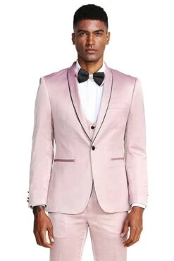Rose Pink Men's Slim Fit Satin Tuxedo Suit - Vested Prom & Wedding Wear