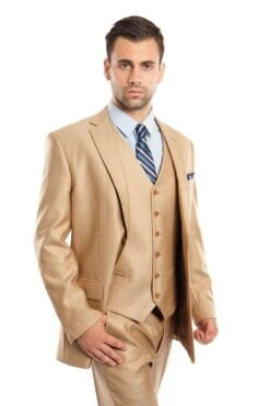 "Sharkskin Business Suit For Men - Two Button Vested In Camel Wheat"