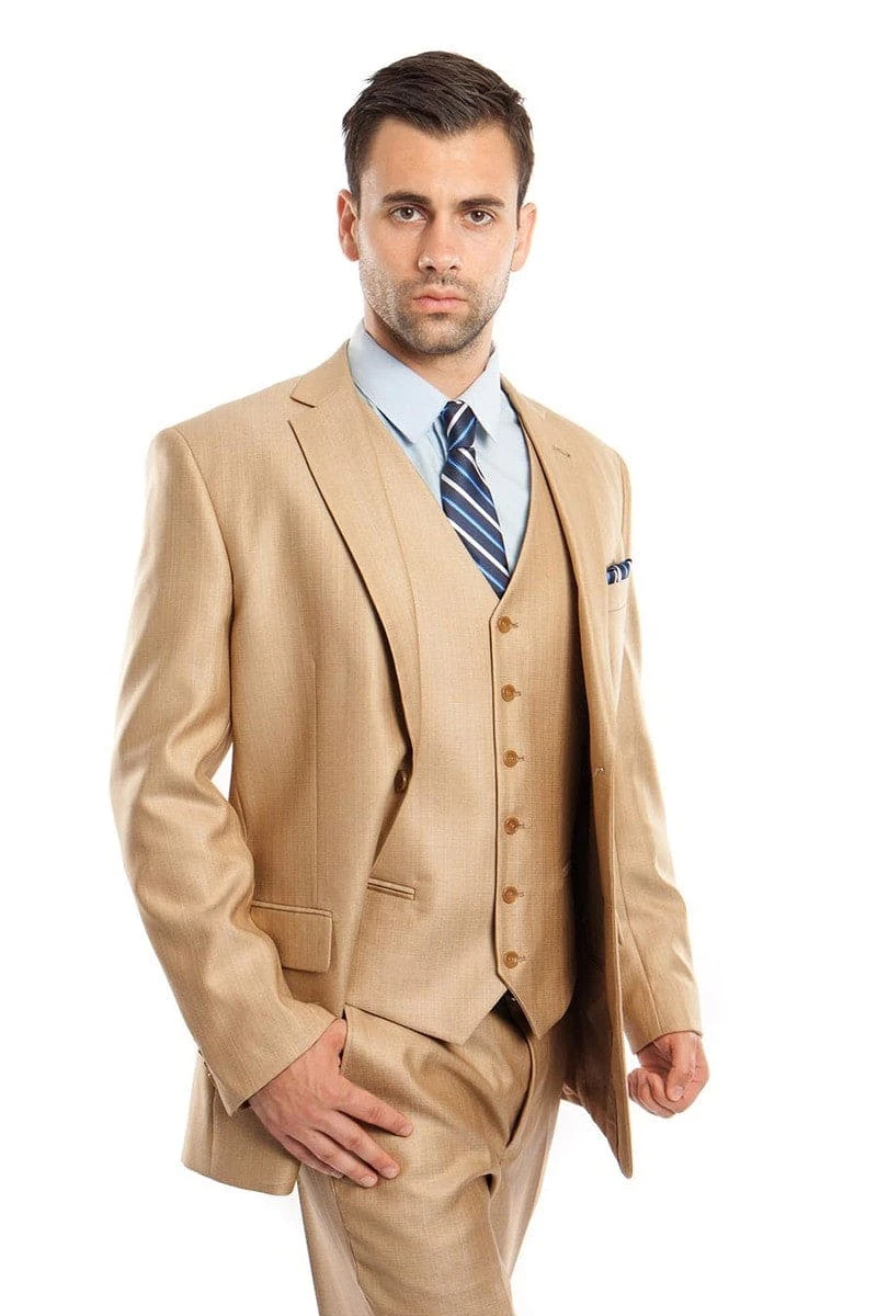 "Sharkskin Business Suit For Men - Two Button Vested In Camel Wheat" 1 "Sharkskin Business Suit For Men - Two Button Vested In Camel Wheat"