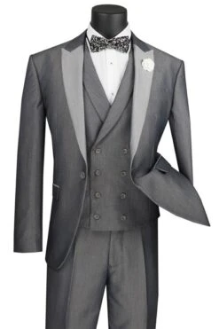 Mens 1 Button Contrast Peak Lapel Double Breasted Vest Tuxedo Suit In Silver