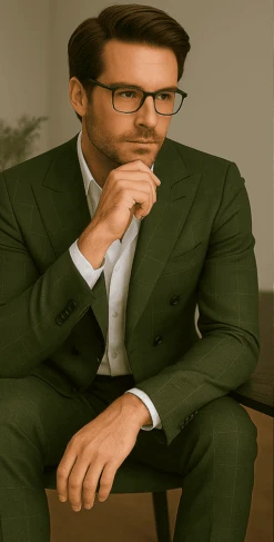 Wool Suit - Italian Made Business Suit By Statement Men's 100% Wool 2 Piece Suit - Double Breasted Windowpane -Alberto Nardoni Shop olive