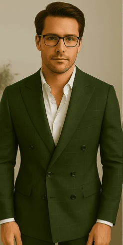 Wool Suit - Italian Made Business Suit By Statement Men's 100% Wool 2 Piece Suit - Double Breasted Windowpane -Alberto Nardoni Shop olive2