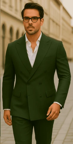 Wool Suit - Italian Made Business Suit By Statement Men's 100% Wool 2 Piece Suit - Double Breasted Windowpane -Alberto Nardoni Shop olive4