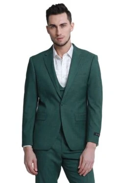 "Sharkskin Wedding Suit: Men's Slim Fit Double Breasted Vest In Hunter Green"