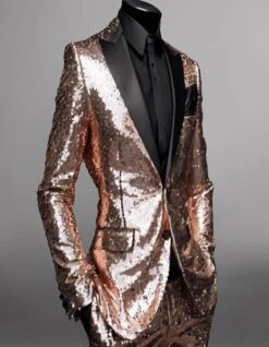 Men's Rose Gold Sequin Tuxedo Suit With Black Satin Lapel – Luxury Slim Fit Blazer For Parties And Events -Alberto Nardoni Shop thesuitdemooriginal