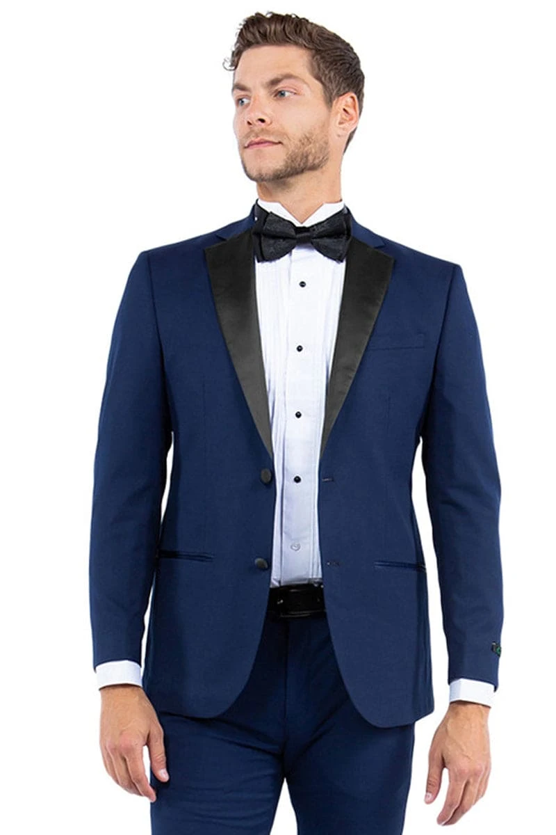 "Men's Navy Modern Fit Tuxedo Jacket With Black Lapel - Two Button Notch" 1 "Men's Navy Modern Fit Tuxedo Jacket With Black Lapel - Two Button Notch"