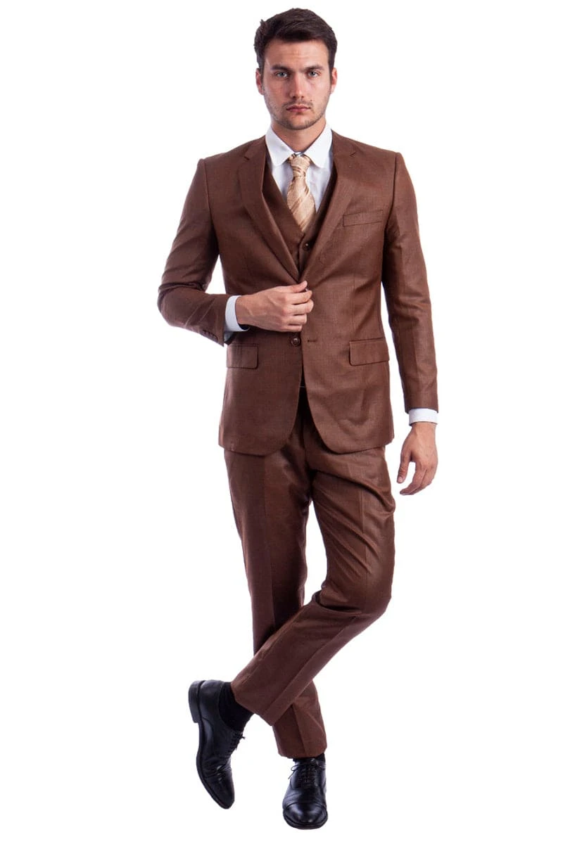 "Cognac Sharkskin Men's Wedding & Business Suit - Two Button Hybrid Fit Vested" 2 "Cognac Sharkskin Men's Wedding & Business Suit - Two Button Hybrid Fit Vested" - Image 2
