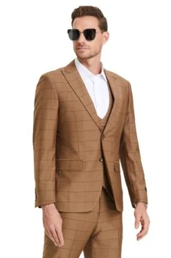 "Sharkskin Suit Men's Two Button Vested Peak Lapel In Camel Windowpane Plaid"