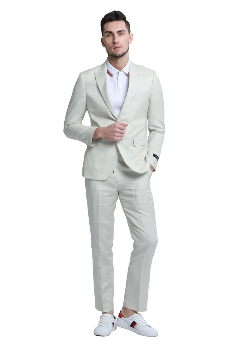 "Men's Summer Linen Beach Wedding Suit - Two Button Peak Lapel In Ivory" 2 "Men's Summer Linen Beach Wedding Suit - Two Button Peak Lapel In Ivory" - Image 2