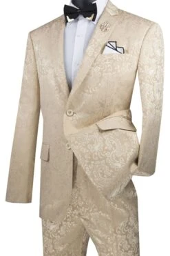 Beige Men's Slim Fit Paisley Wedding & Prom 2025 Suit - Shiny Finish