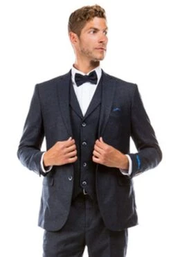 Navy Blue Vintage Tweed Wedding Suit For Men - Two Button Vested Style