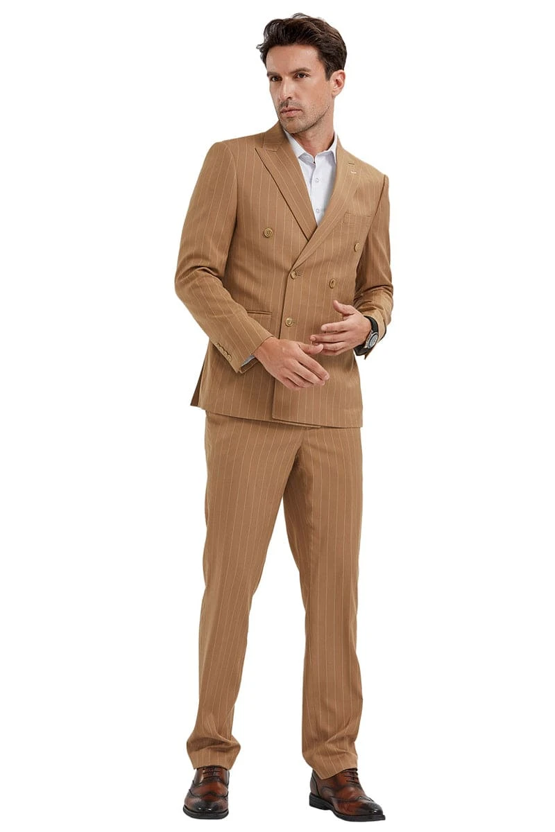 "Men's Slim Fit Pinstripe Suit - Double Breasted Bold Gangster, Camel" 2 "Men's Slim Fit Pinstripe Suit - Double Breasted Bold Gangster, Camel" - Image 2